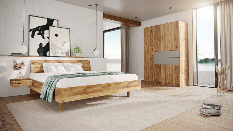 die holzschmiede® Holzmöbel Bett Tonda mit Schrank Jaso, eweils behandelt mit dem Möbelöl von Biofa.  | © die holzschmiede® Thurnau